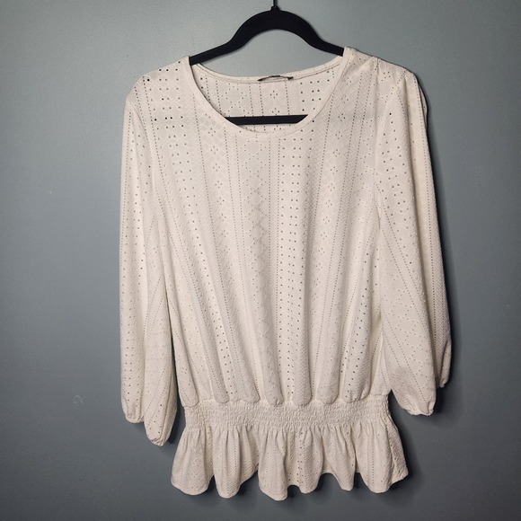 ADRIANNA PAPELL Eyelet Balloon Sleeve Blouse - Size L - Picture 1 of 6